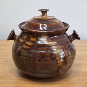Vintage Stoneware Pot with Lid‎ Handcrafted Rustic Brown Ceramic Kitchenware